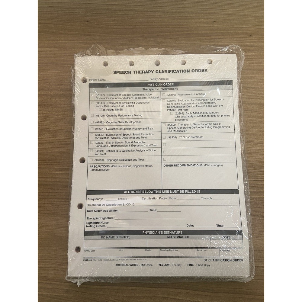 1 Pack 50 Speech Therapy Clarification Order Briggs Medical Form FSSC463 Nursing